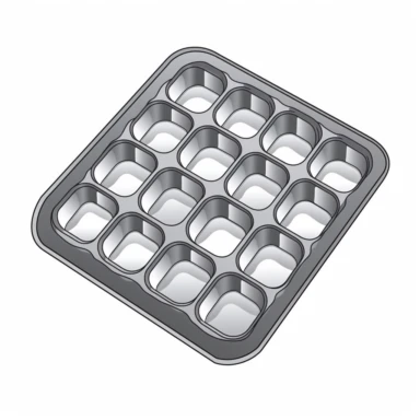 Empty plastic ice cube tray concept, cartoon style art, classic 2D vector art with white background, high detail, clean lines, solid white background, thick black border, clipart, clip art, bright colors