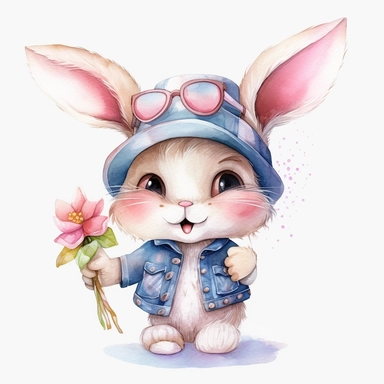 A beautiful one of the kind watercolor clipart featuring a cute bunny wearing a stylist hat, bow and sun glasses in the style of delicate watercolors, wallpaper, 32k uhd, hand - painted details, oshare kei, wimmelbilder, joyful celebration of nature, isolated on white plain background, plush fluffy, smiling, very cute, cartoon, kawaii, watercolor, colorful, white background, 8k