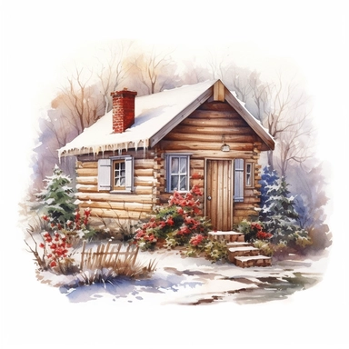 a log cabin in the woods with a garden. it is winter. on a white background. clipart. watercolour.