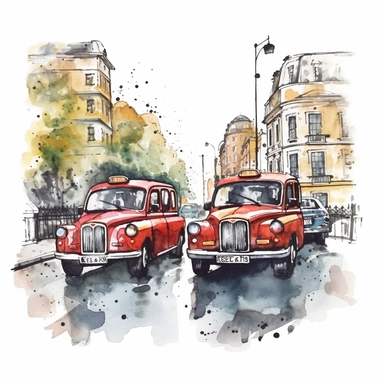 watercolor london taxis in streets, illustrations clipart set, simple, , cartoon elements ,different variants , separate elements with a margin - @Lookfar (fast) Image