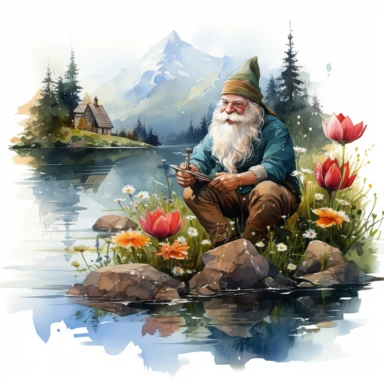 gnome fishing, mountain lake, cabin, vibrant color, clipart, watercolor illustration, white background