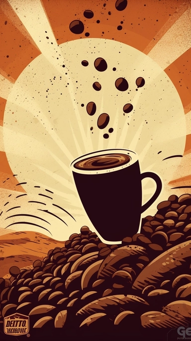 clip art of coffee beans dissolving into the sun, in the style of a retro poster