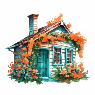 colorful wooden house with orange flower vine clipart, high detail, illustration style, high solution, on the white background