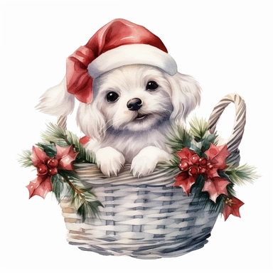 Adorable white happy puppy with a Christmas hat, tongue out, nestled inside luxury decorated Christmas basket, ornamental watercolor clipart