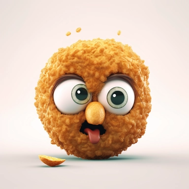 cute fried Nugget character. Nugget, cartoon, eye, illustration, funny, character, fast food, food, unhealthy, cute, face, fun, goofy, three-dimensional , Clipart, white isolated background, space out, hd, 8k, realistic