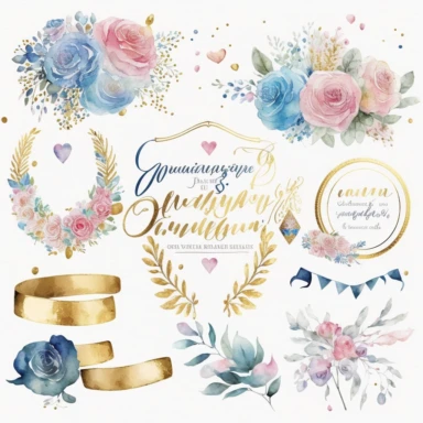 watercolor marriage anniversary clipart collection, white background, white, pink, blue and gold illustrations