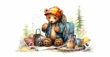 Adorable teddy bear on adventure, camping gear, forest, clipart, vivid colours, ornamental watercolor, white background, I can’t believe how beautiful this is