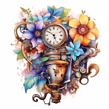 Embark on a creative journey that fuses the whimsy of watercolor with the industrial charm of steampunk, resulting in a unique collection of floral arrangements clipart that commands attention. Employ watercolor as the chosen artistic medium, harnessing its fluidity and transparency to infuse the compositions with an ethereal quality. Draw inspiration from steampunk genres and artists like Sydney Padua and incorporate steampunk motifs such as gears, cogwheels, and brass accents into the floral a