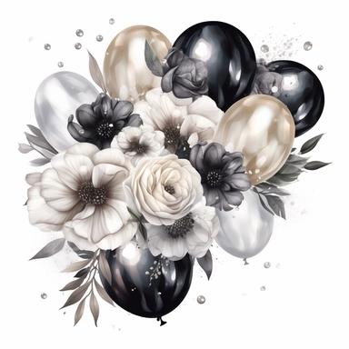 hand drawn balloon garland with shiny black white and silver balloons, white roses and white flowers with greenery, crystals, glamorous, very detailed and realistic, watercolor, clipart style, white background with margins