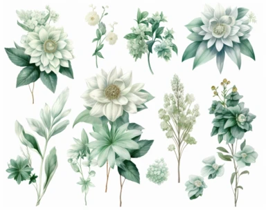 mint green pastel vector clipart flowers, in the style of dark white and light emerald, victorian-inspired illustrations, detailed botanical studies, nick alm, jeannette guichard-bunel, sterling silver highlights, hand-painted details