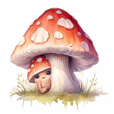 Clipart with white background: A playful watercolor mushroom pixie peeking out from behind a giant mushroom
