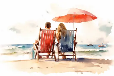 rear view young couple Beach chair on the beach Watercolor clipart, details
