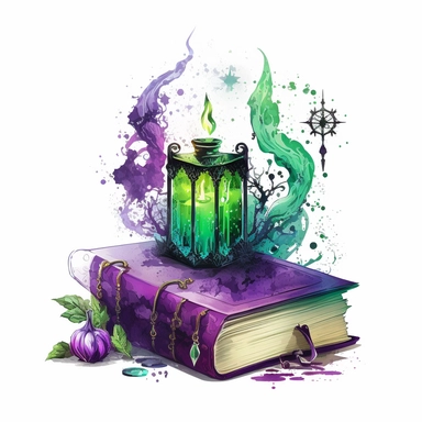 a beautifull gothicwitch books with watercolour effect,mystic witch book,mystic candlestick,shiny natural diamond,twinkles,suitable for digital clipart ,purple color,green color, white background