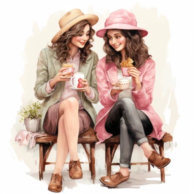 Watercolor Clipart, two young ladies, best friends, 19 Pink girly, drinking coffee ,single object, isolated on white background, highly detailed, hand painted watercolor illustration by Cath Kidston, Emma Bridgewater, png transparent background, white background for removing background - - no text shadow font watermark