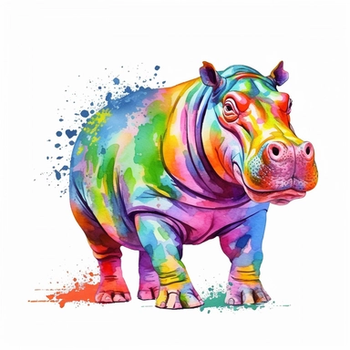 VERY COLORFUL hippopotamus, fully visible anamial, whole animal, no image cropping, clean borders, , wwatercolors resembling, super clear, WATERCOLOR, Sublimation, PNG, Digital Clipart, 16K, hyper detailed, PLAIN BLACK BACKGROUND, PNG, AR 8:12 no clipping
