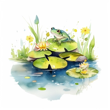 Watercolor Lily Pond Clipart - springtime cute lily pad and frog pond , white background, no text