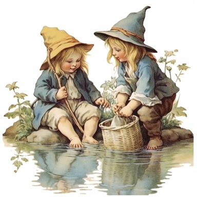 Two garden gnome kids fishing at a pond, fishing line in the water, basket with fish, white background, style of Pierre-Joseph Redoute, as clipart, single design, sharp lines, dreamy