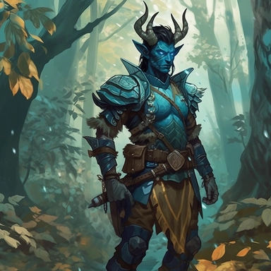dungeons and dragons blue tiefling ranger in woodland, background lush forest, entire body view, thorn armor, clipart,