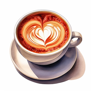 Isometric illumination of commercial shot of ultra - realistic watercolor painting of a really delicious coffee, latte art heart clipart, good looking food, delicious, yummy, foodie, healthy, white background no text, isolated on white, watercolor illustration, award winning, strong and sharp lines, upscale