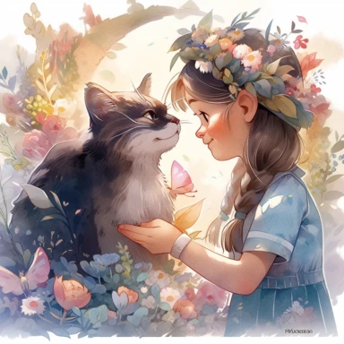 1 girl and cat, Little girl exploring, rainbow and flowers, illustration for book, children's book, 2 clipart, fiorucci angels, beautiful decoupage paper, pastel colors, clipartm, fantasy art, squirrel ears, perfect eyes, detailed body, Watercolor Clipart, strybk, full Illustration, 4k, sharp focus, watercolor, smooth soft skin, symmetrical, soft lighting, detailed face, concept art, watercolor style, strybk, children's style fairy tales, chibi kawaii, Octane rendering, 3d. Perfect face, detaile