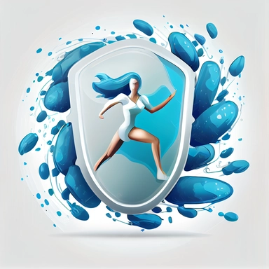 2D art blue and white colors fitness sport beautiful women defended by shield with bifidobacteria capsules on white background, beautifully color graded,cinematic style,clipart vector drawing