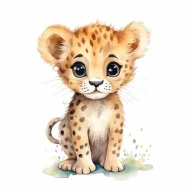 an adorable baby leopard with kind eyes clipart with watercolor illustration,full body shot,8k,etsy style, white background