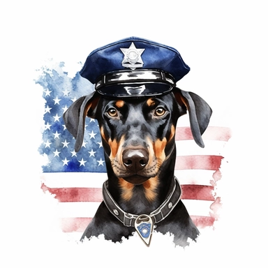 watercolor clipart, happy doberman pinscher, in style policeman, full body, Police Badge, Police Uniform, Duty Belt, police Hat or Cap, background american Flag, white background, hyper detailed, 300 dpi, 8k, high solution, no watermark