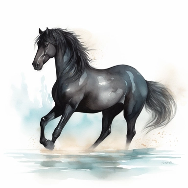 A clipart that shows a majestic black horse in a graceful pose on a white background. The horse's body is elegantly curved to emphasize its beauty and grace. It may be standing on a slight hill or in an idyllic landscape. The water colors give the clipart a soft and flowing look. The colors can be soft and pastel to create a calm atmosphere. Use different shades of blue for the background to create a natural water or sky look. The contours of the horse are subtle and well defined to clearly show