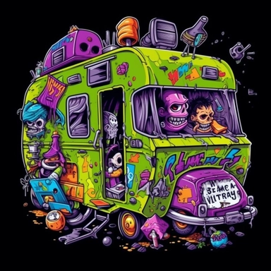 Clipart camping caravan, graffiti art style, pop art style, t-shirt design graphic, high details and resolution, black background,