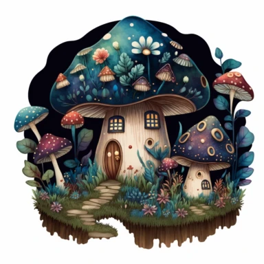 Toadstool village: Paint a cute, fairy house toadstool village with winding paths and homes nestled among the mushrooms at nighttime. Use watercolors to create a soft, ethereal effect, and add in details like plants or rocks to give the image a sense of movement and life. Use varying shades of blacks and blues. Clipart. Sticker. White background.
