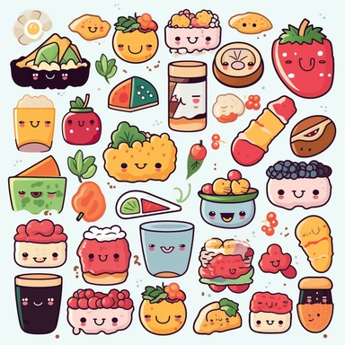 Kawaii Y2K clipart illustrations of delicious food and drinks: Generate high-quality illustrations of cute sushi rolls with fun faces and bright colors. Create charming illustrations of coffee cups with cute designs such as hearts, stars, and stripes. Design endearing illustrations of fruits such as watermelon, pineapple, and strawberry with cute faces and expressions. Generate lovable illustrations of vegetables such as carrots, tomatoes, and broccoli with cute shapes and colors.
