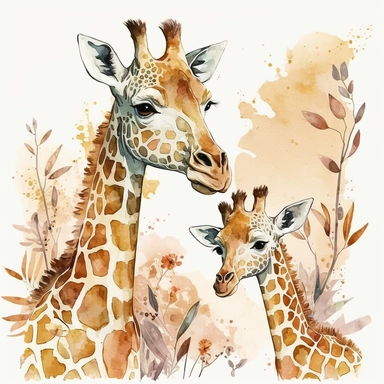 cute pair of mother and daughter giraffes clipart with watercolor illustration,8k,etsy style--ar 2:3