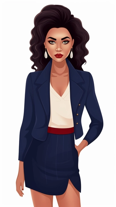 full-body perspective 2d lined clipart of a pretty woman wearing a navy skirt suit and matching shoes, business-like attire, white background,