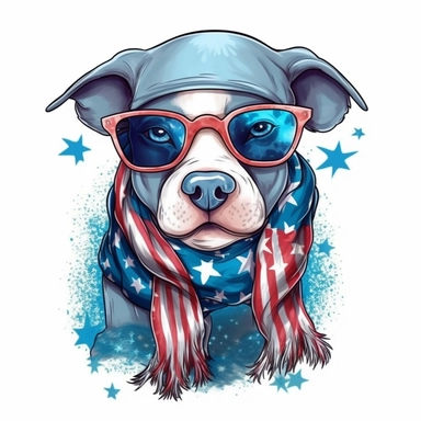 Super cute, American flag with pitbull scarf and sunglasses Sublimation Clipart, Cartoon funny, Cute anime, Very detailed, firework blue background