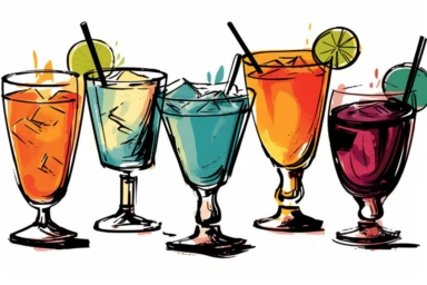 ink drawing six cocktails clipart, ink style, ink drawing, free-hand light color strokes under ink lines, vector style, prominent ink strokes, flat style, prominent line style, white background, spaced out, do not intersect images, spacing between elements, single thickness lines, no shadows, few details, only lines, only black lines, no volume, hand drawn ink drawing, elegant shapes