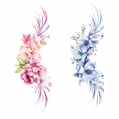 4 watercolor ribbon pastel ethereal corner border floral arrangements clipart, clean lines, white background, hd