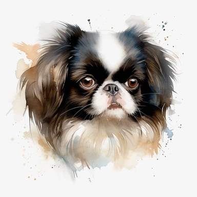 cute Japanese Chin dog portrait, full face, centered shot, side shot, dynamically posed, in action, playful mood, happy mood, playing mood, cute face, adorable smile, childlike eyes, clean watercolor illustration, white background, nursery baby imagery, painting, detailed, 8k, PNG, clipart,