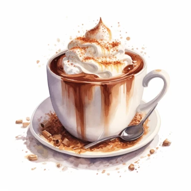 watercolor, hyper realistic, white background, white margins, 16k, ultra detailed clipart, cut out image, hand-drawn a steaming mug of hot chocolate topped with whipped cream and sprinkled with cocoa powder, evoking warmth and indulgence.