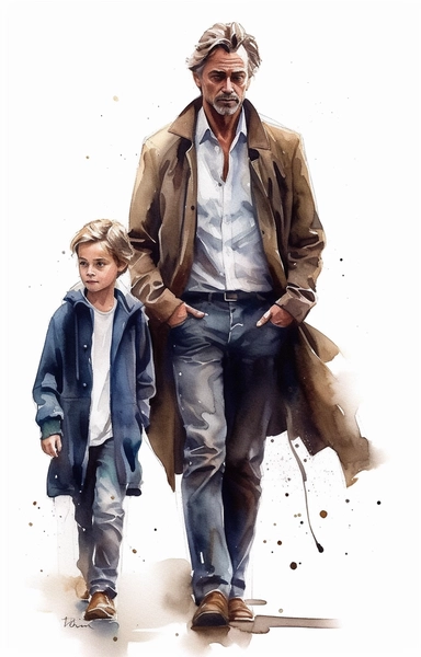 DESIGN A MAGNIFICENT AND EXQUISITE BREATHTAKING ONE-OF-A-KIND HIGH QUALITY HIGHLY DETAILED MASTERPIECE WATERCOLOR CLIPART ILLUSTRATION OF A father and son, in the style of magali villeneuve, clint langley, aquarellist, animated gifs, alex hirsch, candid portraits, associated press photo, ULTRA REALISTIC, WHITE BACKGROUND, NO FONT, NO TEXT, NO WORDS, NO WATERMARK