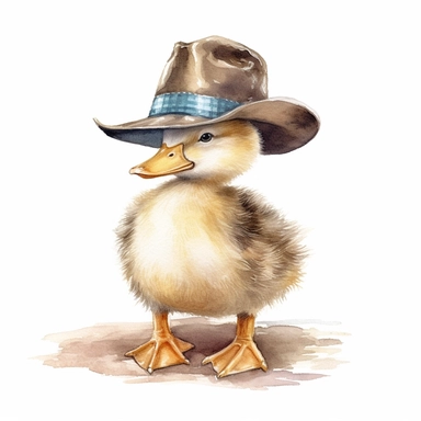 Baby duck in a cowboy hat, full body (clip art, watercolor, clean, neat)