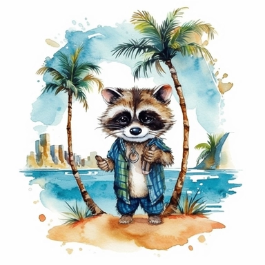 watercolor style, devil raccoon with the beach and the palm trees in the back clipart, isolated on white background, hd