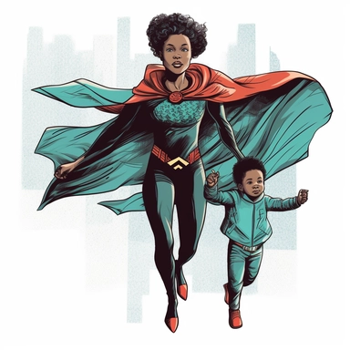 a comic-style, clipart image (floating image), full body image of a black mother and child duo where the child is the superhero's sidekick, wearing super suits