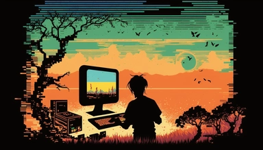 A silhouette of a computer programmer coding on a CRT screen, surrounded by a landscape of colorful, pixelated graphics. The background is a wash of warm, earthy tones, reflecting the rise of digital clipart in the computer age, hand-drawn, watercolor, wet paint, mixed media 4k, pantone, Dot, Large, Accent Lighting, high detail, Carbonated