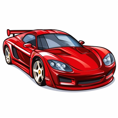 a red sports car cartoon clipart on a white background, caricature-like, two dimensional