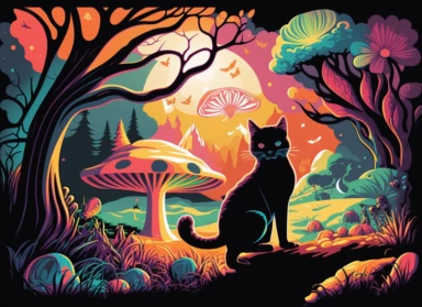 Expressionist Landscape Painting: magic mushrooms + cats, pop art, flat 2d vector design, illuminati clipart, detailed trace