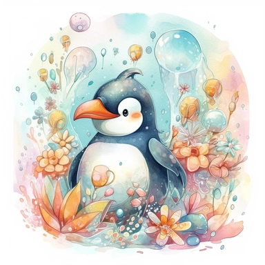 cute penguin sliding down an icy slope, playful dragon blowing bubbles with its nose, depicted in a whimsical, cartoon style, watercolor, surrounded by colorful flowers and butterflies. The mood of the artwork is cheerful and playful, with a soft pastel color palette. The lighting style is bright and sunny, evoking a warm and inviting feeling. clipart design graphic, vector, contour, super cute, isolated white background, high quality, 2d, flat