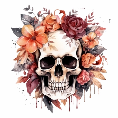 Colored Skull Flowers Watercolor vector style Clipart in white background, dark black colors, 8K