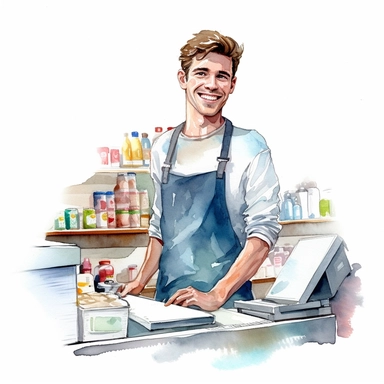 watercolor detailed illustration of An extremely happy cashier at the checkout counter in a grocery store, clipart, white background