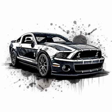 Capture the essence of freedom and power with a Ford Shelby GT500 clipart composed in large ink blocks, embodying the spirit of American muscle car culture. In HD on a white background.