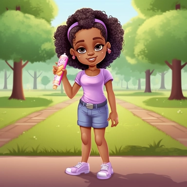 clipart little black girl drawing with curly long ponytails with pink bows long lashes hazel eyes green tank top shirt with baggie blue jeans and white tennis shoes standing in the park holding purple popsicle